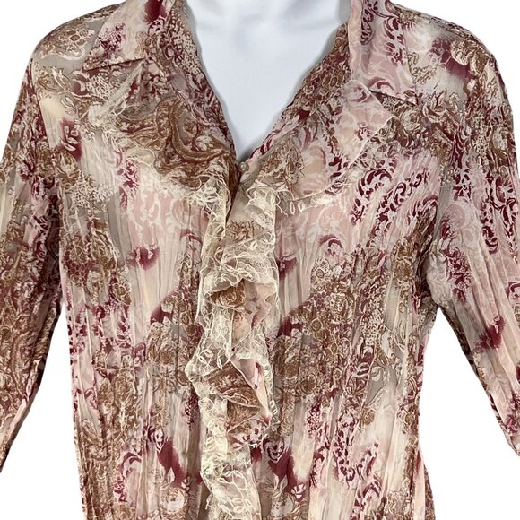 Vintage Notations Womens XL Sheer Chiffon Ruffled Crinkle Boho Button Up Blouse - Picture 6 of 15